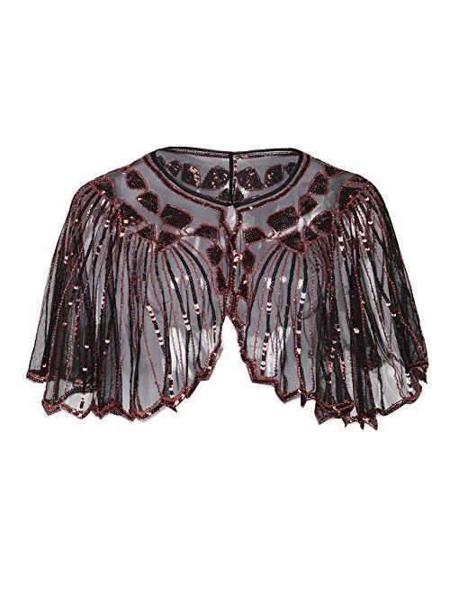 PrettyGuide Women's 1920s Shawl Beaded Sequin Deco Evening Cape Bolero Flapper Cover Up