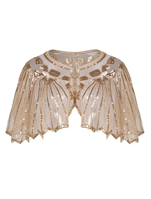 PrettyGuide Women's 1920s Shawl Beaded Sequin Deco Evening Cape Bolero Flapper Cover Up