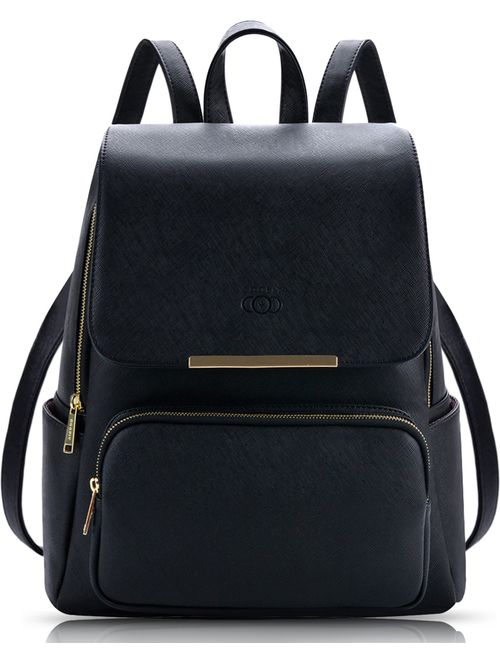 COOFIT Black Faux Leather Backpack for Women Schoolbag Casual Daypack