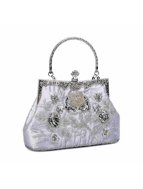 UBORSE Women's Embroidered Beaded Sequin Evening Clutch Large Wedding Party Purse Vintage Bags