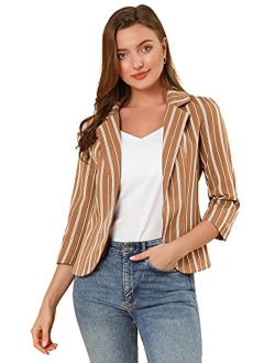 Women's Striped 3/4 Sleeves Open Front Notched Lapel Blazer