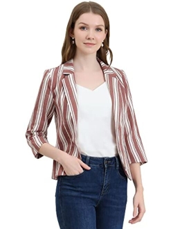 Women's Striped 3/4 Sleeves Open Front Notched Lapel Blazer