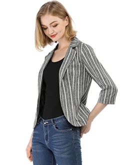 Women's Striped 3/4 Sleeves Open Front Notched Lapel Blazer