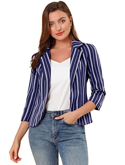 Allegra K Women's Striped 3/4 Sleeves Open Front Notched Lapel Blazer