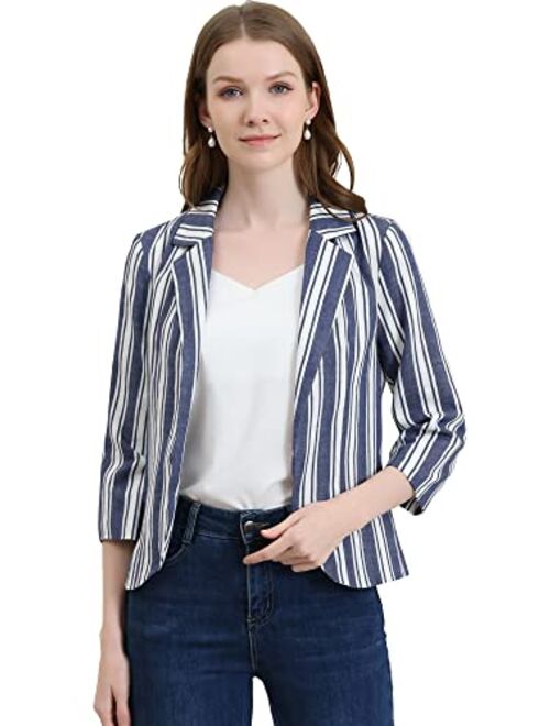 Allegra K Women's Striped 3/4 Sleeves Open Front Notched Lapel Blazer