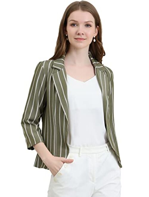 Allegra K Women's Striped 3/4 Sleeves Open Front Notched Lapel Blazer