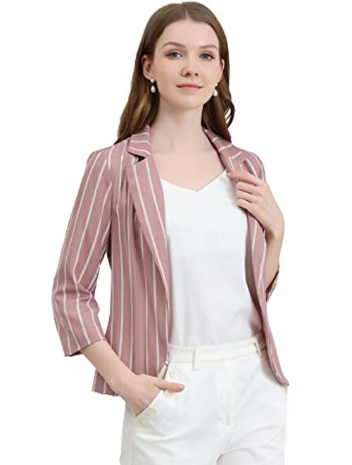 Allegra K Women's Striped 3/4 Sleeves Open Front Notched Lapel Blazer