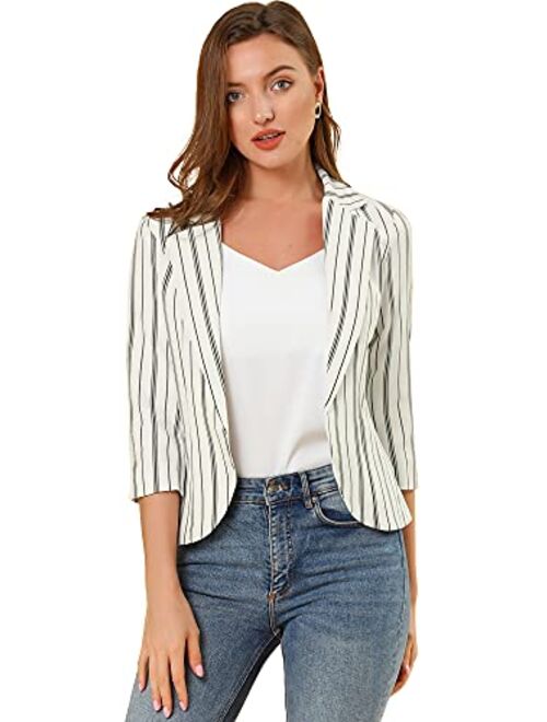 Allegra K Women's Striped 3/4 Sleeves Open Front Notched Lapel Blazer