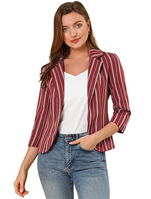 Allegra K Women's Striped 3/4 Sleeves Open Front Notched Lapel Blazer