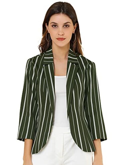 Allegra K Women's Striped 3/4 Sleeves Open Front Notched Lapel Blazer