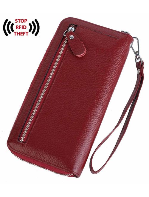 YALUXE Women's Leather RFID Security Zipper Wallet with Wristlet Strap for Card Passport Phone