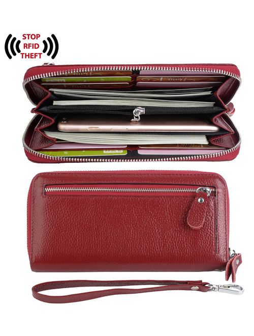 YALUXE Women's Leather RFID Security Zipper Wallet with Wristlet Strap for Card Passport Phone