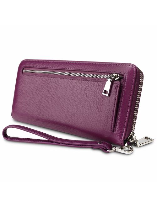 YALUXE Women's Leather RFID Security Zipper Wallet with Wristlet Strap for Card Passport Phone