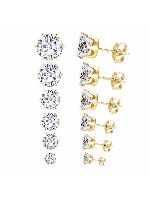 LUXU kisskids 6 Pairs 316L Sugical Stainless Steel Cubic Zircon Piercing CZ Stud Earrings for Women Girls