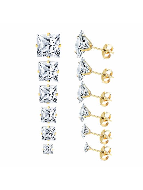 LUXU kisskids 6 Pairs 316L Sugical Stainless Steel Cubic Zircon Piercing CZ Stud Earrings for Women Girls