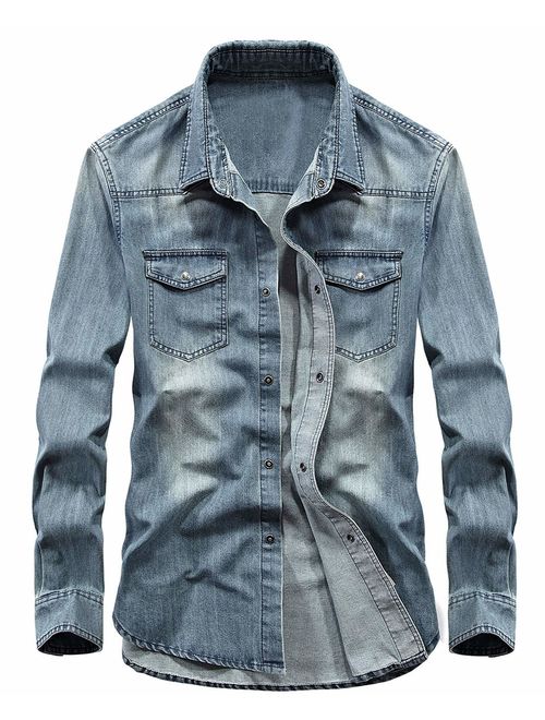 chouyatou Men's Essential Button Down Long Sleeve Washed Denim Shirt