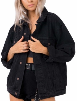 Women's Oversize Vintage Washed Boyfriend Denim Jacket Long Sleeve Classic Loose Jean Trucker Jacket