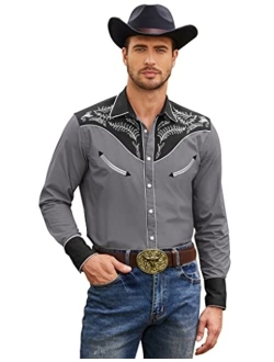 Men's Western Cowboy Embroidered Long Sleeve Button Down Shirt