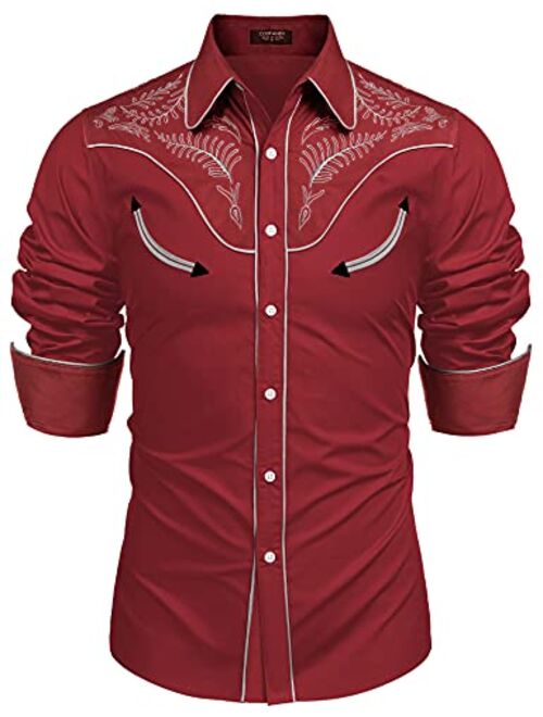 COOFANDY Men's Western Cowboy Embroidered Long Sleeve Button Down Shirt