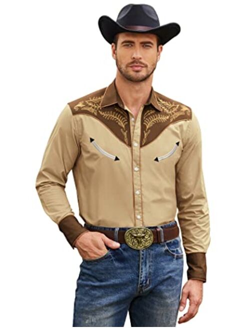 COOFANDY Men's Western Cowboy Embroidered Long Sleeve Button Down Shirt