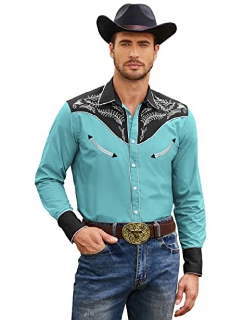 COOFANDY Men's Western Cowboy Embroidered Long Sleeve Button Down Shirt