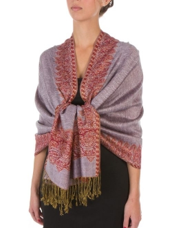 Sakkas Border Pattern Layered Reversible Woven Pashmina Shawl Scarf Wrap Stole