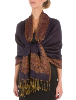 Sakkas Border Pattern Layered Reversible Woven Pashmina Shawl Scarf Wrap Stole