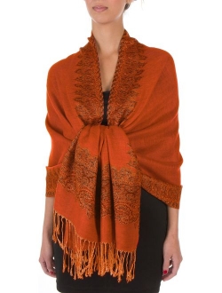 Sakkas Border Pattern Layered Reversible Woven Pashmina Shawl Scarf Wrap Stole