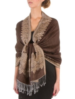 Sakkas Border Pattern Layered Reversible Woven Pashmina Shawl Scarf Wrap Stole