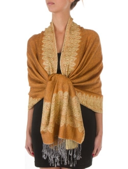 Sakkas Border Pattern Layered Reversible Woven Pashmina Shawl Scarf Wrap Stole