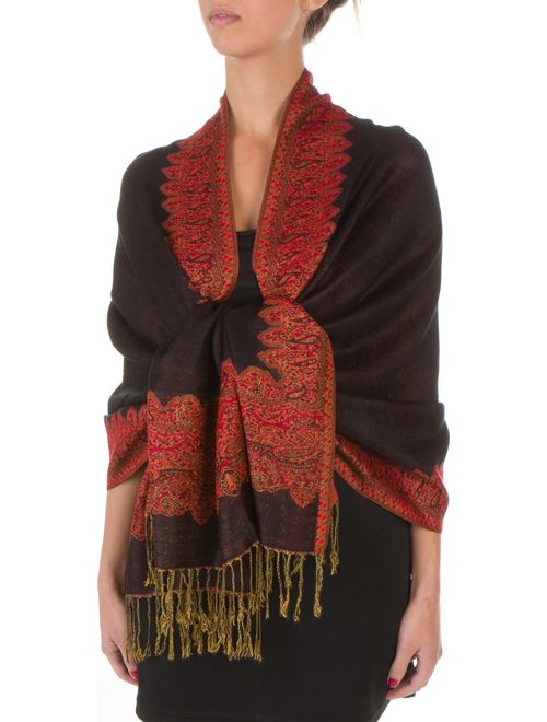 Sakkas Border Pattern Layered Reversible Woven Pashmina Shawl Scarf Wrap Stole