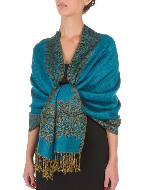 Sakkas Border Pattern Layered Reversible Woven Pashmina Shawl Scarf Wrap Stole