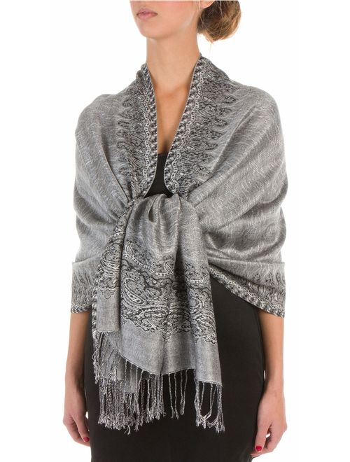 Sakkas Border Pattern Layered Reversible Woven Pashmina Shawl Scarf Wrap Stole