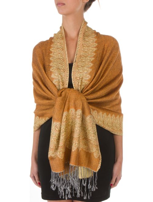 Sakkas Border Pattern Layered Reversible Woven Pashmina Shawl Scarf Wrap Stole