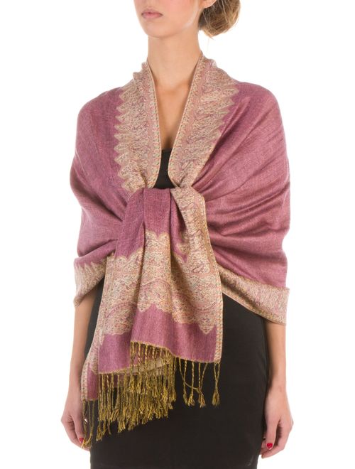 Sakkas Border Pattern Layered Reversible Woven Pashmina Shawl Scarf Wrap Stole