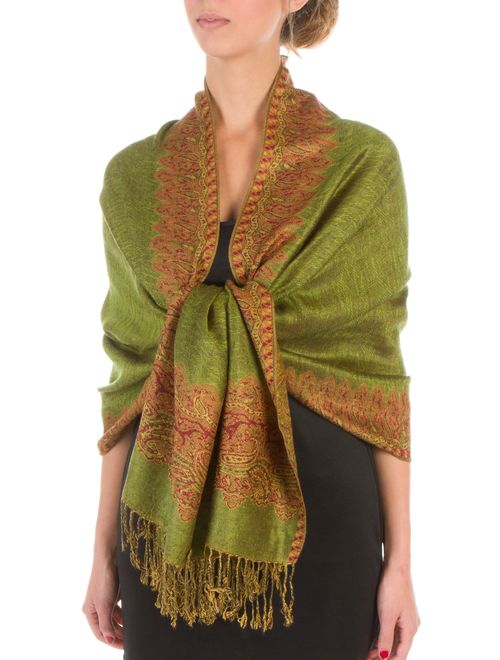 Sakkas Border Pattern Layered Reversible Woven Pashmina Shawl Scarf Wrap Stole