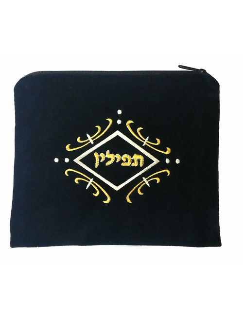 aJudaica Velvet Tallit Bag Gold and White Swirl Design with Protective Plastic Bag