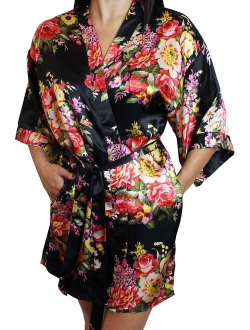 Women's Floral Satin Kimono Short Bridesmaid Robe with Pockets - Silky Touch