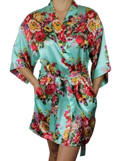 Women's Floral Satin Kimono Short Bridesmaid Robe with Pockets - Silky Touch