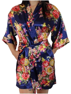 Women's Floral Satin Kimono Short Bridesmaid Robe with Pockets - Silky Touch