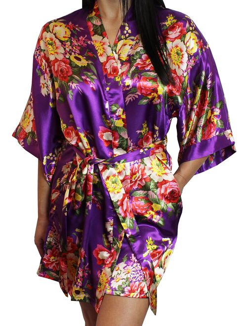 Women's Floral Satin Kimono Short Bridesmaid Robe with Pockets - Silky Touch