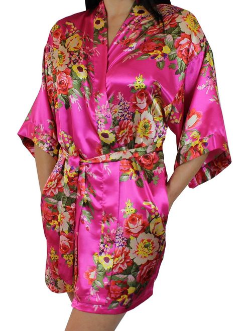 Women's Floral Satin Kimono Short Bridesmaid Robe with Pockets - Silky Touch