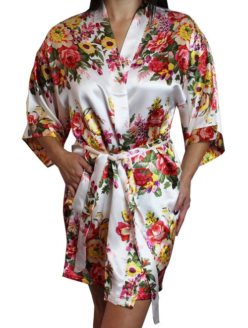 Women's Floral Satin Kimono Short Bridesmaid Robe with Pockets - Silky Touch