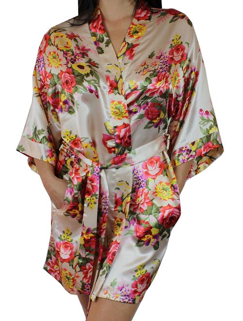 Women's Floral Satin Kimono Short Bridesmaid Robe with Pockets - Silky Touch