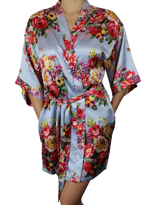 Women's Floral Satin Kimono Short Bridesmaid Robe with Pockets - Silky Touch