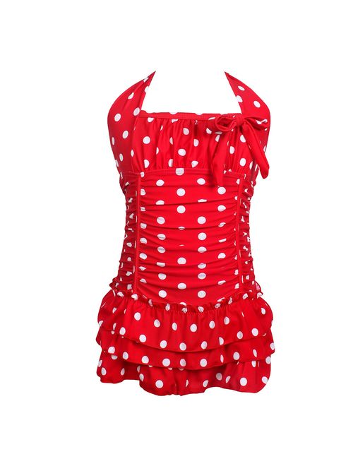 qyqkfly Girls Polka Dot Bathing Suit Adjustable One Piece 4Y-16Y Swimsuit (FBA)