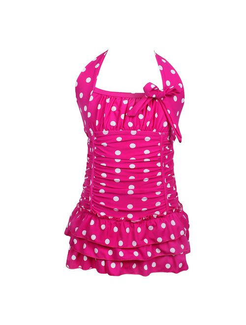 qyqkfly Girls Polka Dot Bathing Suit Adjustable One Piece 4Y-16Y Swimsuit (FBA)