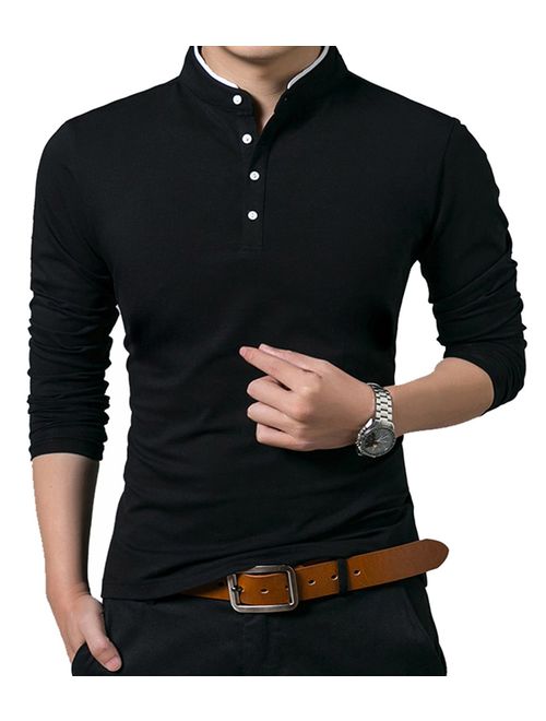 KUYIGO Men's Casual Slim Fit Shirts Pure Color Long Sleeve Polo Fashion T-Shirts