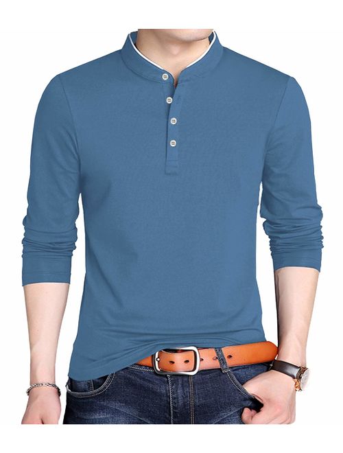 KUYIGO Men's Casual Slim Fit Shirts Pure Color Long Sleeve Polo Fashion T-Shirts