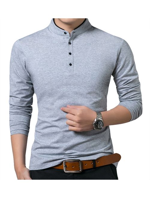 KUYIGO Men's Casual Slim Fit Shirts Pure Color Long Sleeve Polo Fashion T-Shirts